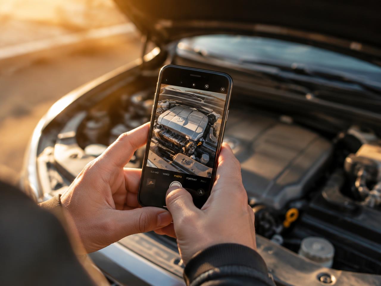 Phone photographing a car engine